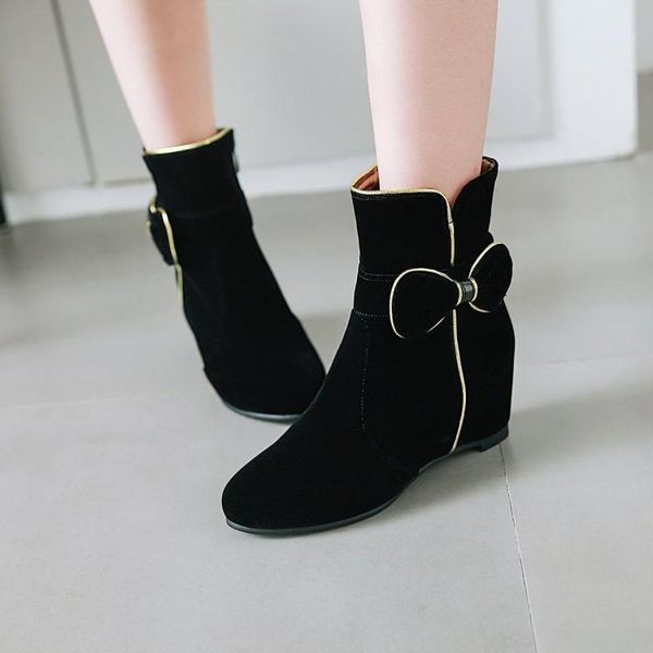 

big size 11 12 13 ladies round head flat with fashionable casual warm butterfly side zipper inside high ankle boots1, Black