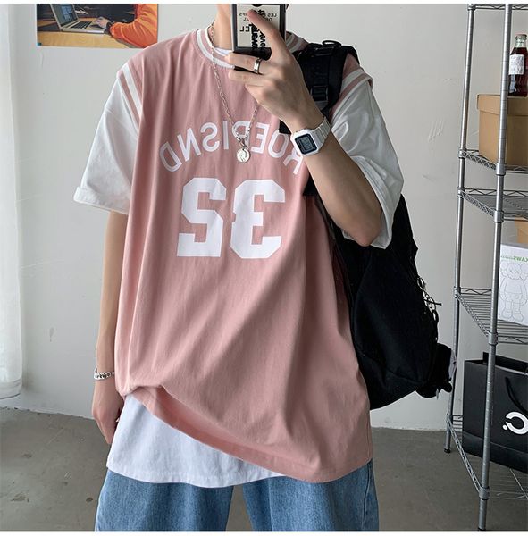 

2021 the new men's printed around neck two pieces sew summer hip sleeve short shirt streetwear tshirt vghw, White;black