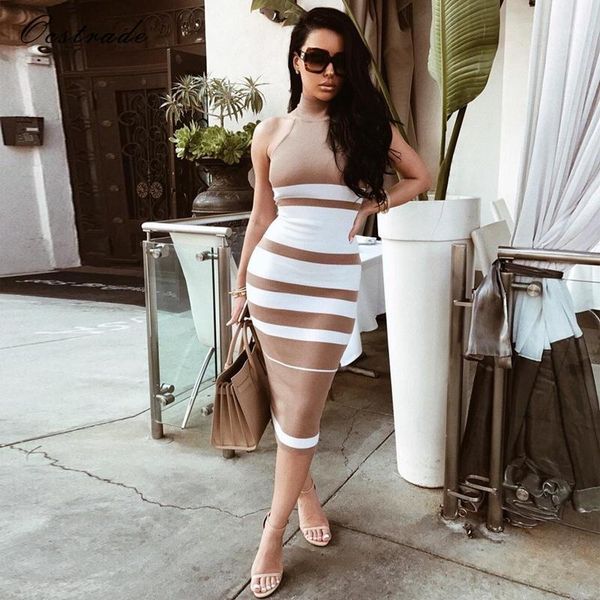 

ocstrade vestido midi elegante women fashion 2020 black and white striped bodycon bandage dress rayon backless1, Black;gray