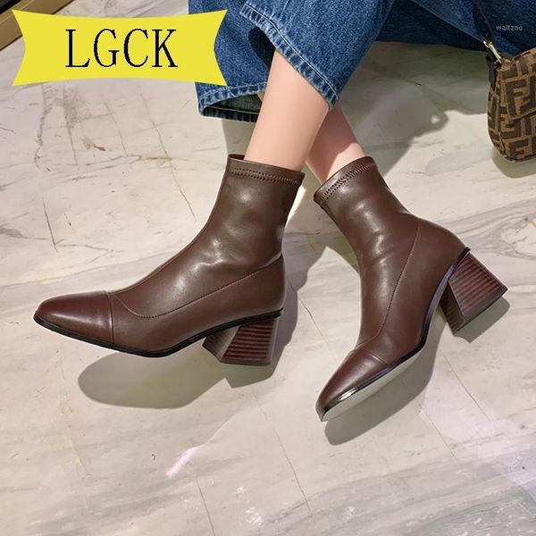 

plus size 34-43 genuine leather slim stretch ankle boots for women round toe sock boots square high heel woman fashion1, Black