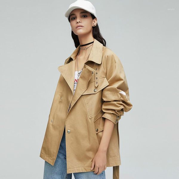 

women's trench coats windbreaker work clothes adjustable waist design long coat woman 90171, Tan;black