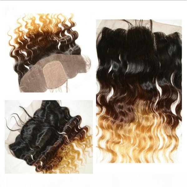 

#1b 4 27 honey blonde three tone ombre silk base 13x4 lace frontal closure body wave brazilian human hair silk lace frontal, Black;brown