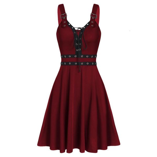 

gothic women's dress summer sleeveless backless a-line punk dress rock lace up fit and flare dress long tunic female, Black;gray