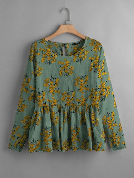 

plus all over floral print keyhole back peplum blouse 87zh#, Black