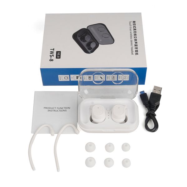 

new tws-8 touch control bluetooth 5.0 earphones waterproof true wireless earbuds mini sport earphone for phone with mic charging box
