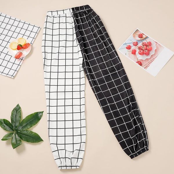 

women patchwork plaid jogger pants contrast color high waist elastic sport pants female autumn casual fashion ladies sweatpants, Black;white