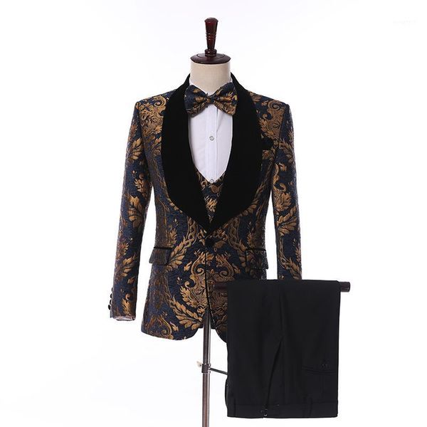 

men's suit men's fashion printed slim single button suit three-piece (jacket + pants + vest) prom banquet formal dress1, White;black