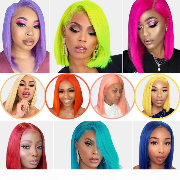 

ishow 13x1 t part lace human hair wigs brazilian straight short bob wigs 99j 613 blonde pink green straight ombre wigs, Black;brown