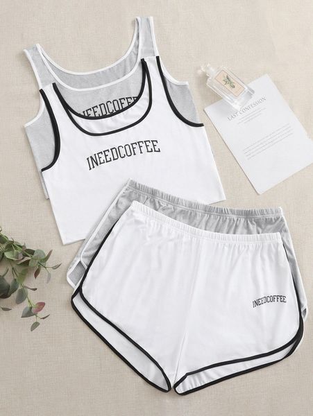 

plus 2sets letter graphic contrast binding cami and track shorts i10u#, Black;white