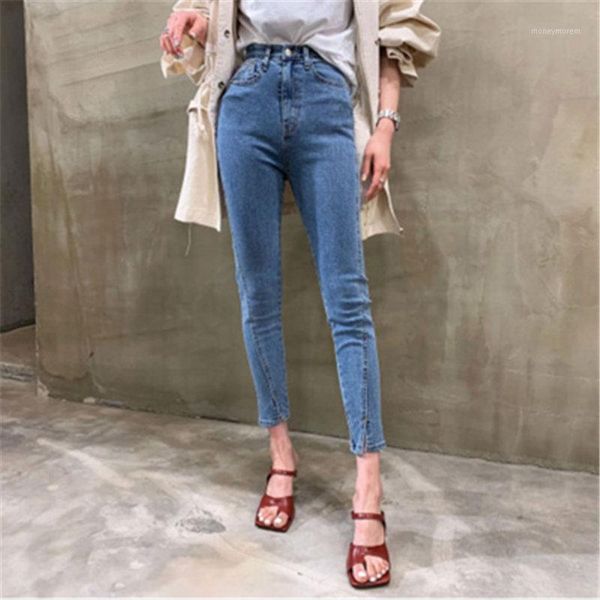 

korean new high waist elastic split jeans 2020 slim denim chic women plus size all match cowboy skinny pants1, Blue