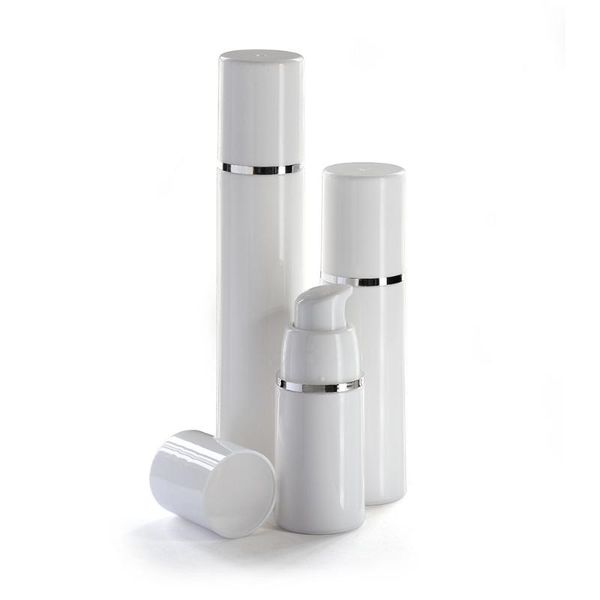 

storage bottles & jars 50pcs/lot empty 15ml 30ml 50ml pp airless white vacuum pump lotion bottle with silver line cosmetic packagings