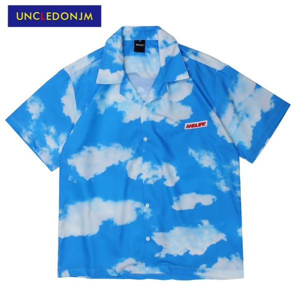 

uncledonjm the blue sky and white clouds oversized shirt hip hop men clothing 2021 mens button up shirt short sleeve sur-97021, White;black