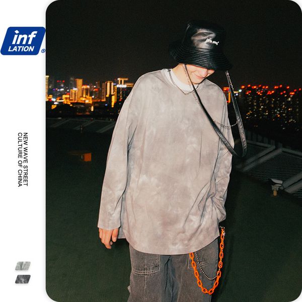 

inf men's clothing - autumn and winter 2020 new street dark irregular tie dye split loose casual long sleeve t-shirt for men, White