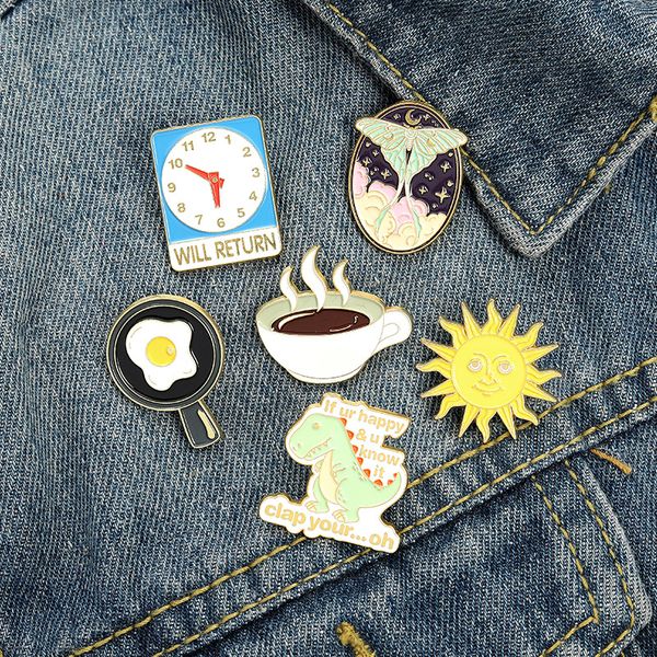 

clock fried egg coffee sun dinosaur enamel pins custom daily brooch lapel badge bag cartoon jewelry gift for kids friends, Blue