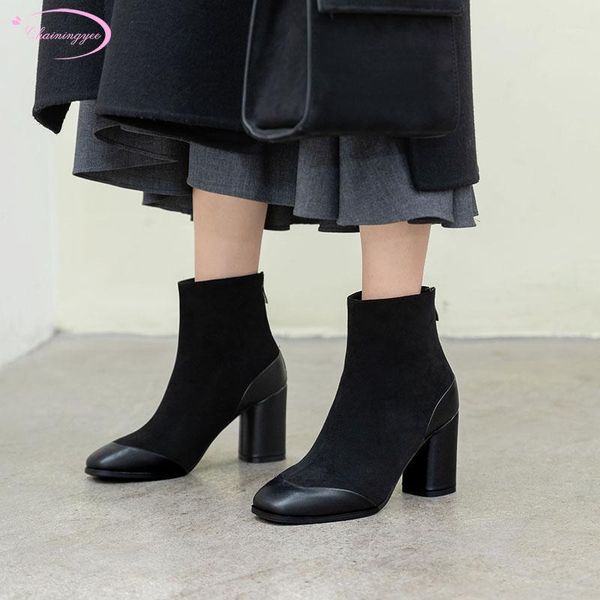 

casual style comfortable square toe flock ankle boots fashion zipper black apricot high heel thick riding boots women's shoes1