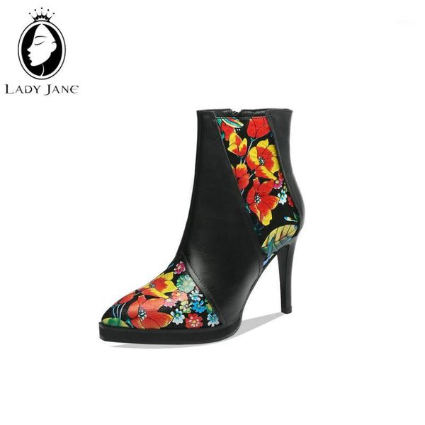 

lady jane floral prints pointed toe spring winter shoes women high heel zipper mixed colors ankle boots rome stiletto heel1, Black