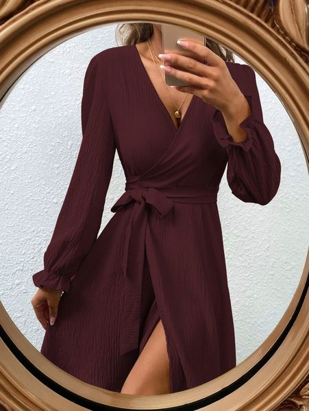 

surplice neck belted lantern sleeve dress o5ih#, Black;gray