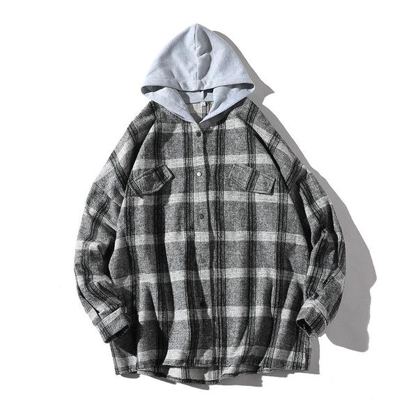 

loldeal men's hooded plaid flannel button down shirt long sleeve vintage loose hip hop checked shirt, White;black
