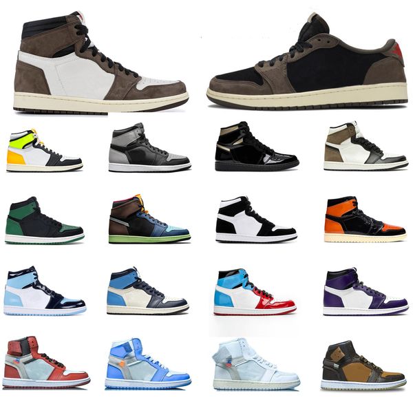 

men women off 1 1s basketball shoes travis scotts bio hack obsidian black gold pine green volt gold twist fearless shadow athletic sneakers, White;red