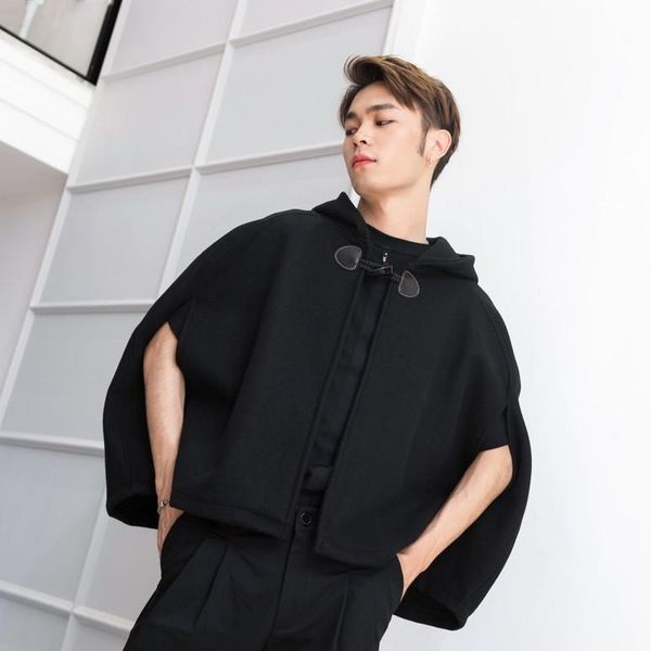 

men's coat fall/winter new fashion men's loose short hooded woolen coat cape cape shawl fashion show, Black