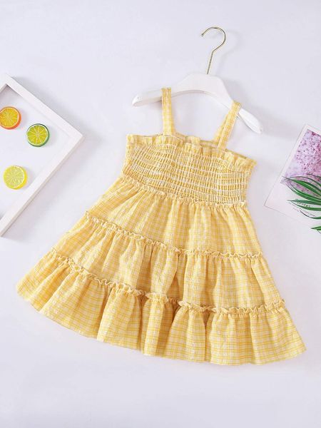 

toddler girls plaid print shirred frill trim cami dress she, Red;yellow