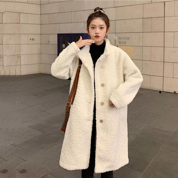 

white coat women's autumn winter 2021 new korean loose lamb like cardigan warm medium long sleeve coat, Black