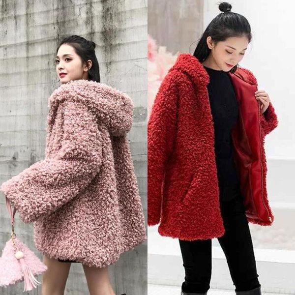 

winterwomen 2021 fashion circle wool loose long sleeve hooded warm plush coat female casual oversize overcoat r56, Black