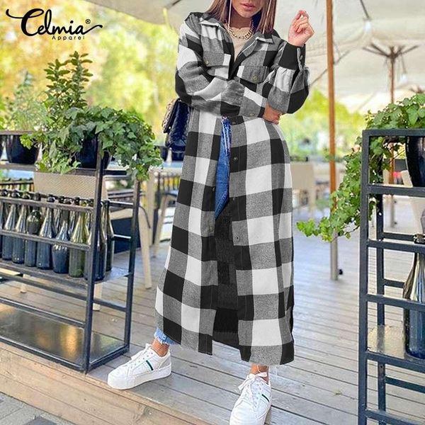 

2020 autumn winter outerwear women celmia long sleeve plaid jackets coats fashion lapel checkered long coat oversized s-5xl 7, Black;brown
