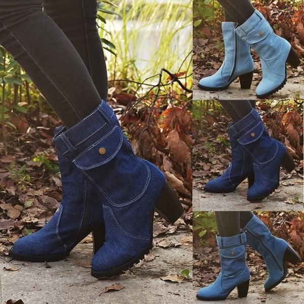 

boots women's long tube short botas winter high heel denim boots lady stylish jeans boot shoes zipper footwear for ladies1, Black