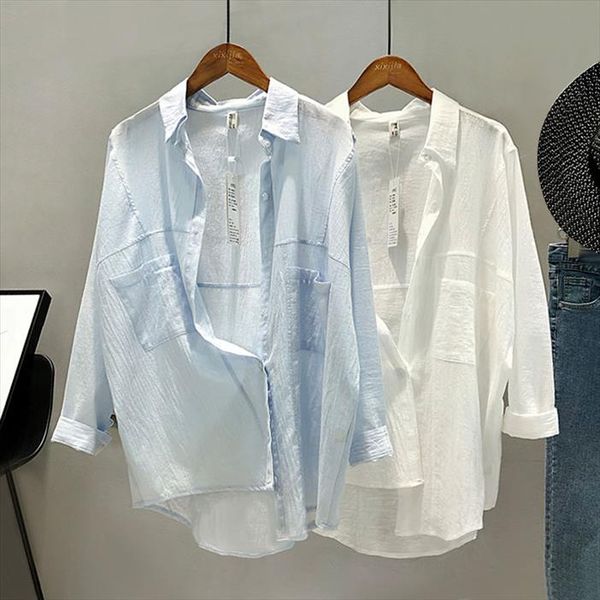 

summer thin cotton blouses woman long sleeve white solid soft loose casual shirts light blue