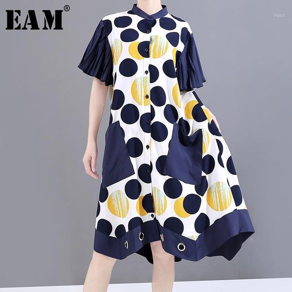 

eam] women dot printed irregular big size shirt dress new stand collar short sleeve loose fit fashion spring summer 2020 1w1811, Black;gray