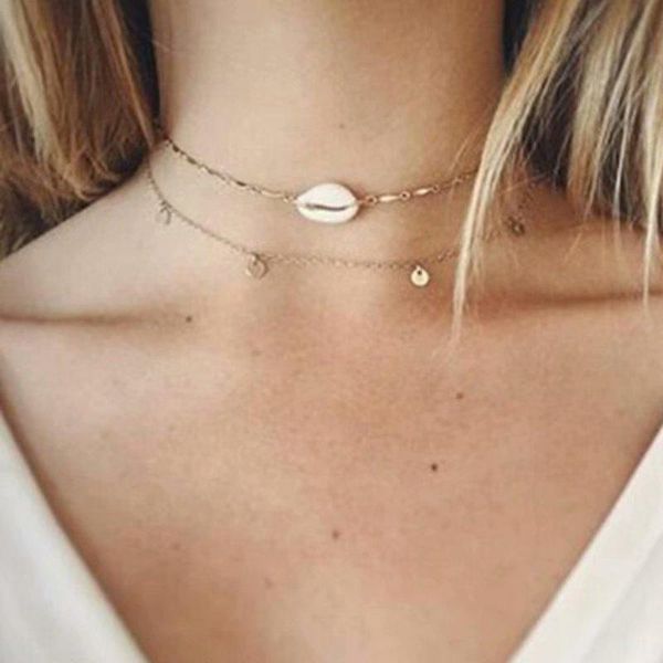 

chokers boho gold sequin shell dainty necklace for women choker thin chain layered necklaces collares fashion chocker jewelry bohemian, Golden;silver