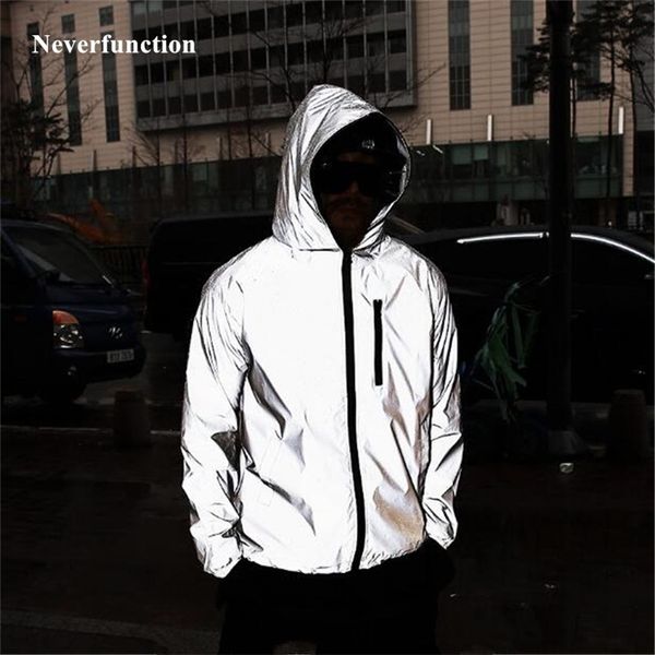 

plus size men spring autumn full reflective windbreaker waterproof jacket male high street hip hop loose hooded coats lj201215, Black;brown