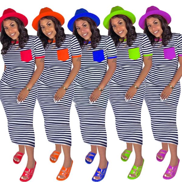 

ss2020 fashion casual stripe print pocket slim dress, White