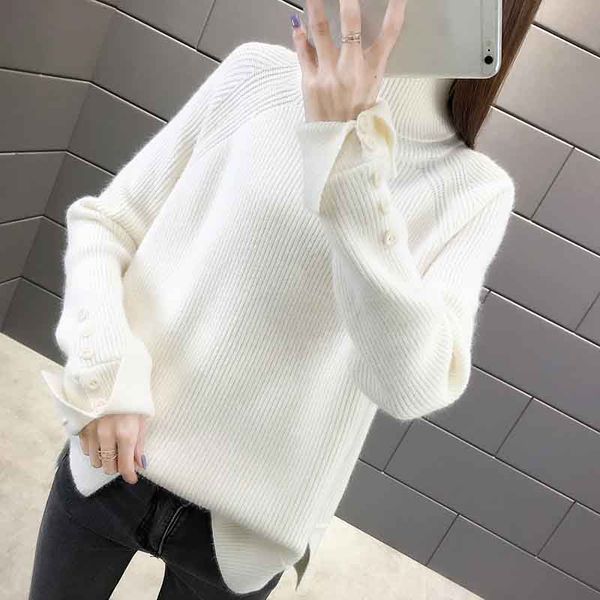 

women designers clothes 2020 fashion high collar buttons double sleeve pullover loose type joining womens fall sweaters woman knitwear, White;black