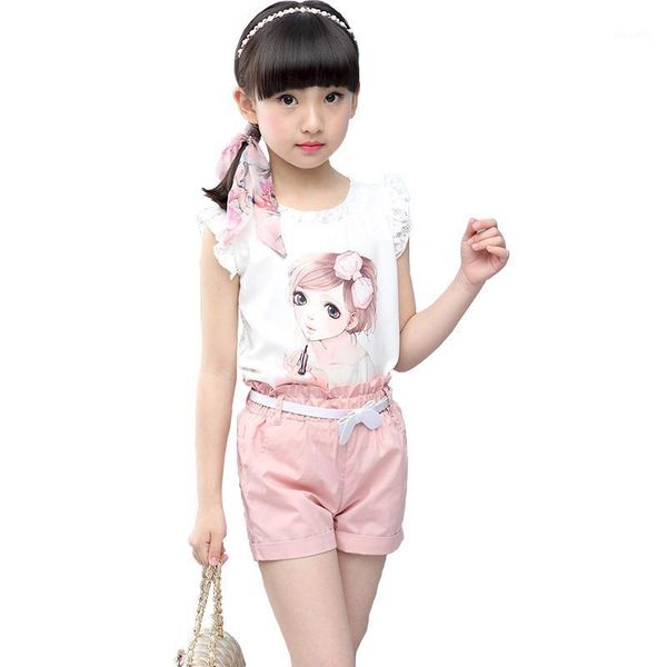 

clothing sets girls suits 2021 summer children lace sleeveless print vest+shorts 2pcs set clothes 4 5 6 7 8 9 10 11 years1, White