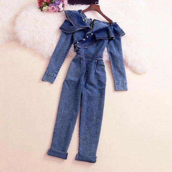 

women's jumpsuits & rompers korean streetwear ruffles patchwork denim playsuits long sleeve high waist off shoulder vintage bodysuit1, Black;white