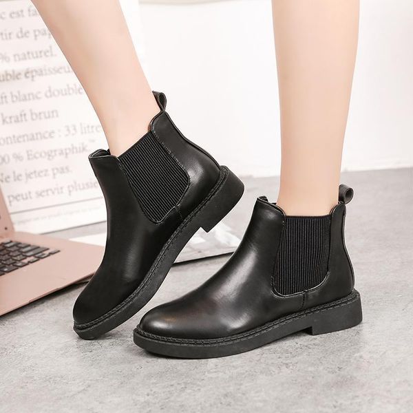 

black leather boots elastic band slip on ankle boots for women shoes woman platform square low heels plus size ladies1