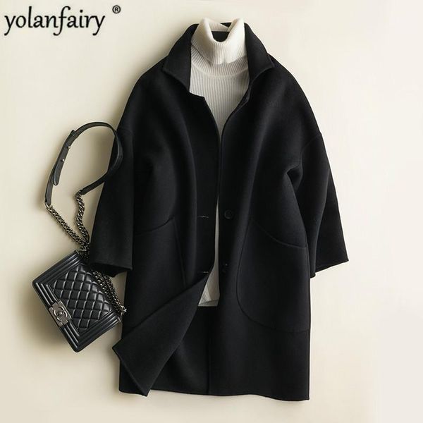 

women's wool & blends double-sided 100% coat female jacket black oversized long korean womens coats overcoat manteau femme snj1788 kj40
