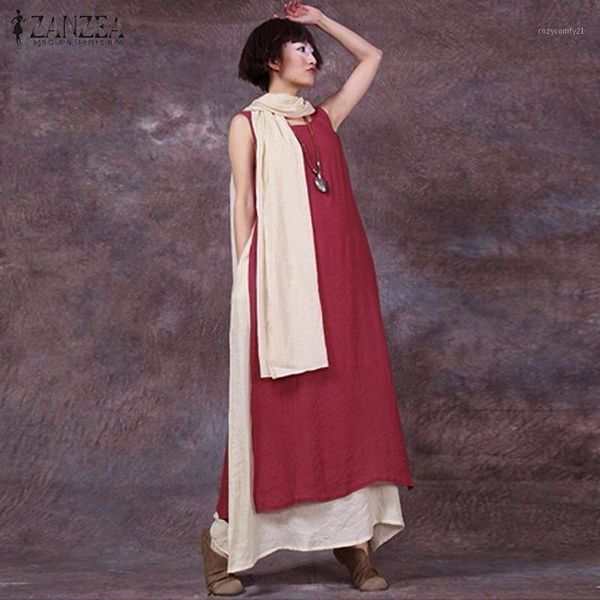 

party dresses zanzea women 2021 summer vintage casual loose sleeveless dress o neck boho floor-length splice long maxi plus size1, White;black