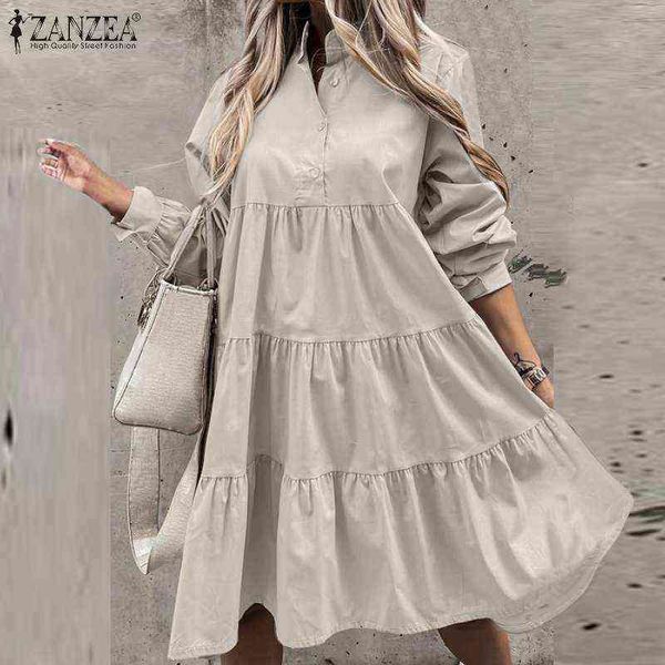 

zanzea elegant women shirt dress autumn long sleeve buttons solid sundress fashion casual ruffles vestidos robe work ol dresses y220214, Black;gray