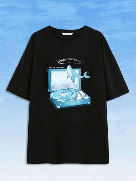 

romwe x beereckless whale & letter graphic tee y3rc#, White