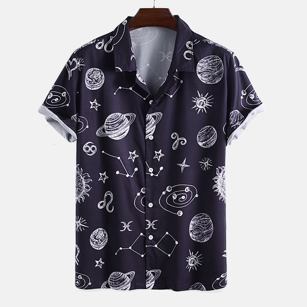 

2021 men's casual summer starry sky pattern digital printing lapel shirtslim fit fashion floral print dress males clothes, White;black