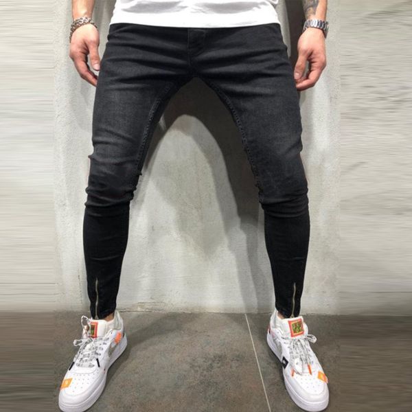 

men's 2020 bla zipper european solid color washed jeans, Blue