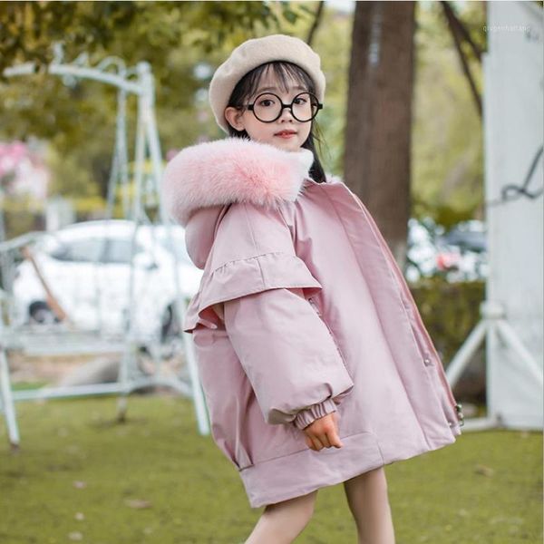

children real fur collar down jacket girl beautiful lace patchwork thicken down coats kids warm winter new parka 6-14y ws19071, Blue;gray