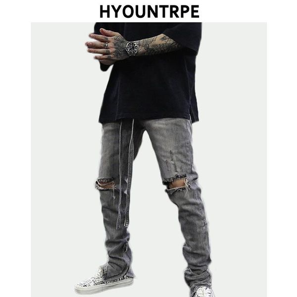 

knee hole destroyed denim jeans mens vintage washed slim biker jeans with long belt new fashion streetwear hip hop pants joggers, Blue