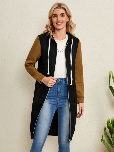 

emery rose color block drawstring longline zipper hoodie j6co#, White;black