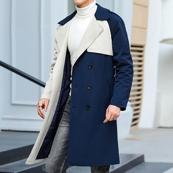

men's trench coats men adjustable waist jacket overcoat british style patckwork fashion medium long windbreakers slim casual coat -4xl, Tan;black