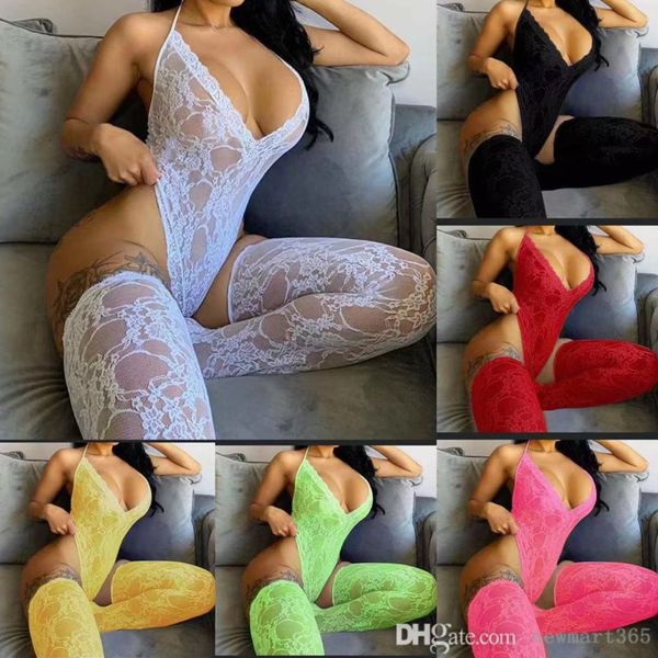 Mulheres Um Piece Jumpsuits Sexy Bodysuit Lace Divertido Terno Macacão Sem Mangas Aberto Volteiro Deep V-Pescoço Onésio Long Meias Sólidas Roupas De Cor Sólida