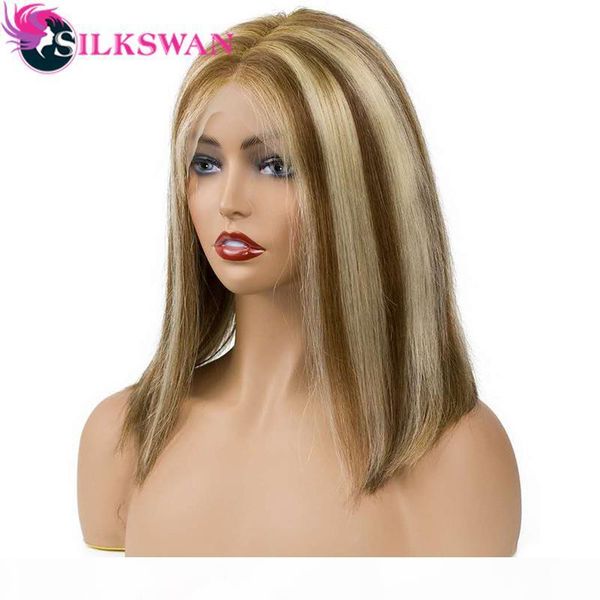 

silkswan highlight wigs straight human hair wigs honey blonde 13x4 bob lace pre-plucked 180%brazilian hair for women, Black;brown